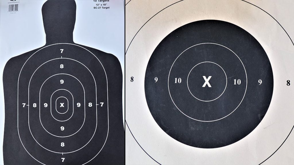 The B-27 target used to be a popular police training and qualification target. But its 10 and X-rings are too low to indicate the best shot placement for quick incapacitation.