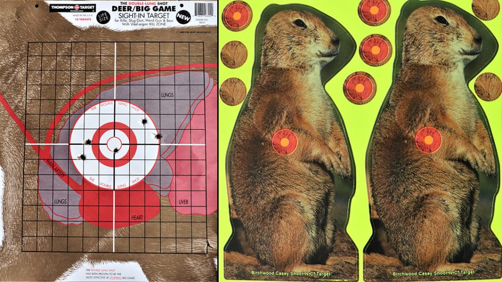The deer target from Thompson Targets and varmint target from Birchwood Casey teaches novice hunters to learn where the quick incapacitation “ball” lies in a game animal.