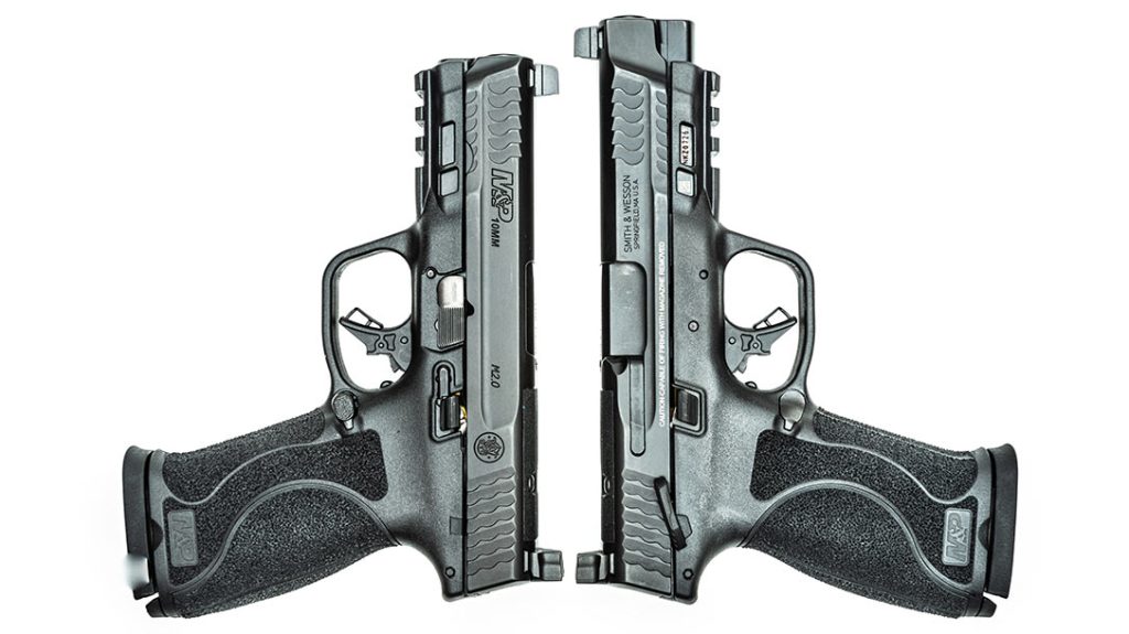 Both available models of the Smith & Wesson M&P M2.0 10mm, with and without the paddle safety.