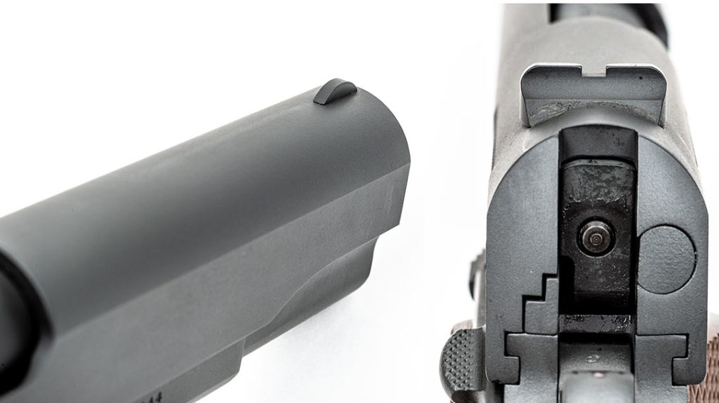 The front and rear sights are a simple design with small front sight.